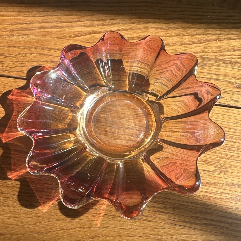 Vintage MCM FEDERAL glass iridescent celestial marigold purple flower bowl